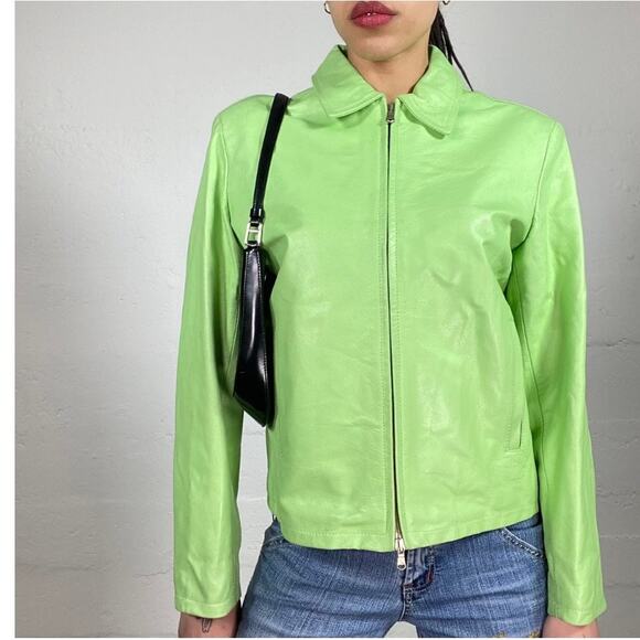 Vintage Y2K Brat Green Genuine Leather Full Zip Fitted Jacket Medium - Picture 1 of 11